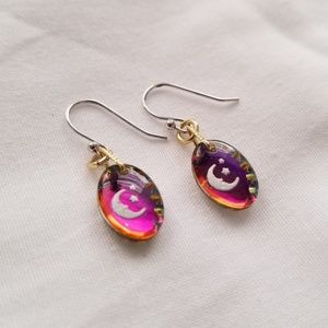 Rainbow Crystal Engraved Moon Earrings